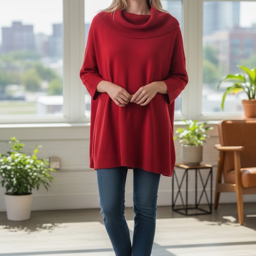 Red Women's 3X  Cowl Neck Sweater Tunic ((EXCELLENT))